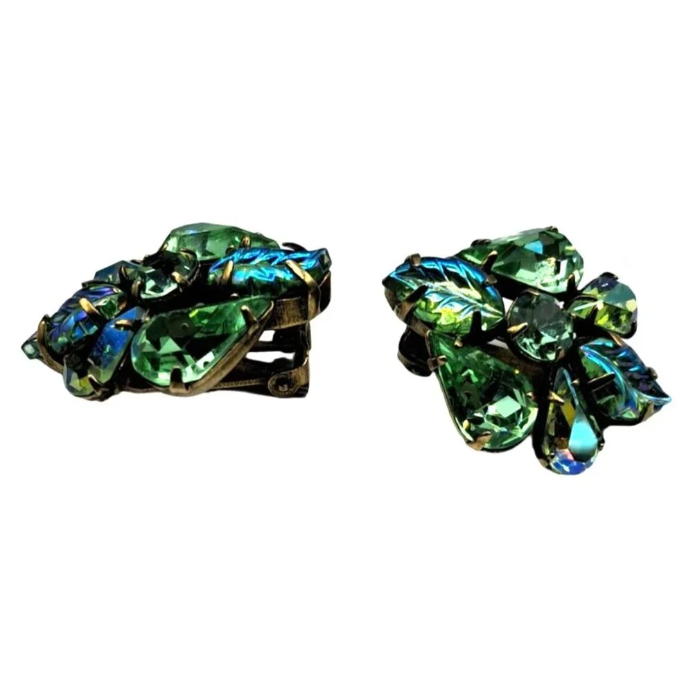 Regency Green Rhinestone Earrings Molded Glass Leaves UG UV Glow Vintage Costume